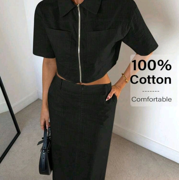 2pcs/Set Women Solid Color Short Sleeve Zip Up Cropped Top